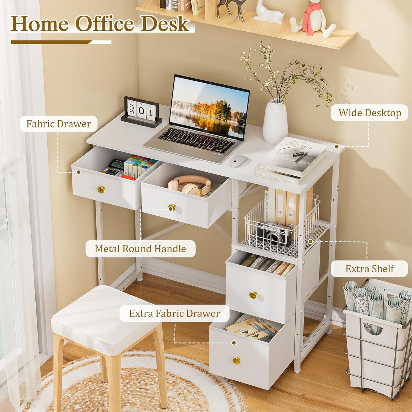 Small Computer Desk with 4 Fabric Drawers, Simple Writing Desk for Home Office, Compact Study Desks for Small Spaces, Kids Desk Study for Bedroom, White