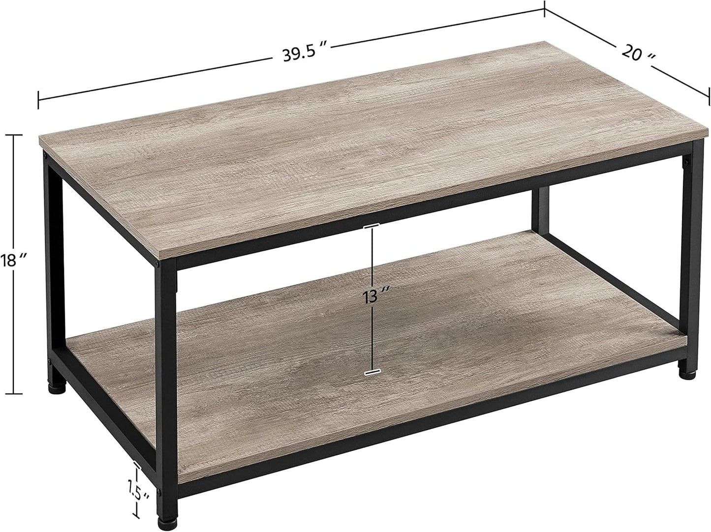 39.5" 2-Tier Coffee Table with Storage Shelve, Industrial Gray Coffee Table, Easy Assembly, Wooden Center Tables for Living Room & Small Space, Gray
