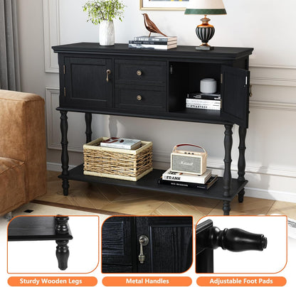 Console Table with 2 Drawers, Retro Entryway Table with 2 Door Cabinets and Open Storage Shelf, Narrow Long behind Couch Sofa Table for Living Room, Foyer, Hallway, Black