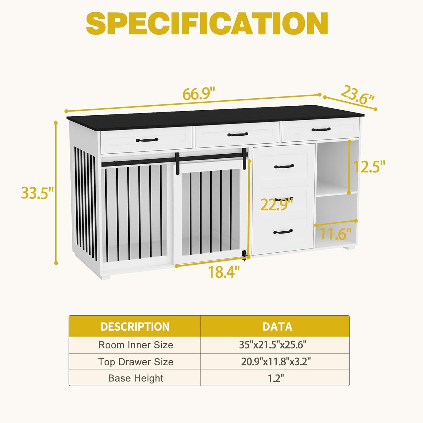 Dog Crate Funiture with Storage, 67" Wooden Heavy Duty Dog Kennel Table Furniture with Drawers & Shelves, Indoor Dog House TV Stand Single Room W/Sliding Door, White