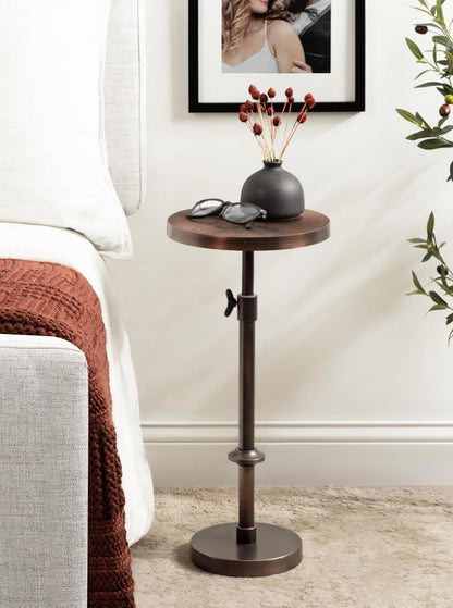 Engles Traditional Adjustable-Height Pedestal Drink Table; 10 X 10 X 30; Bronze; Vintage round Indoor Metal Plant Stand with Embossed Sunburst Pattern
