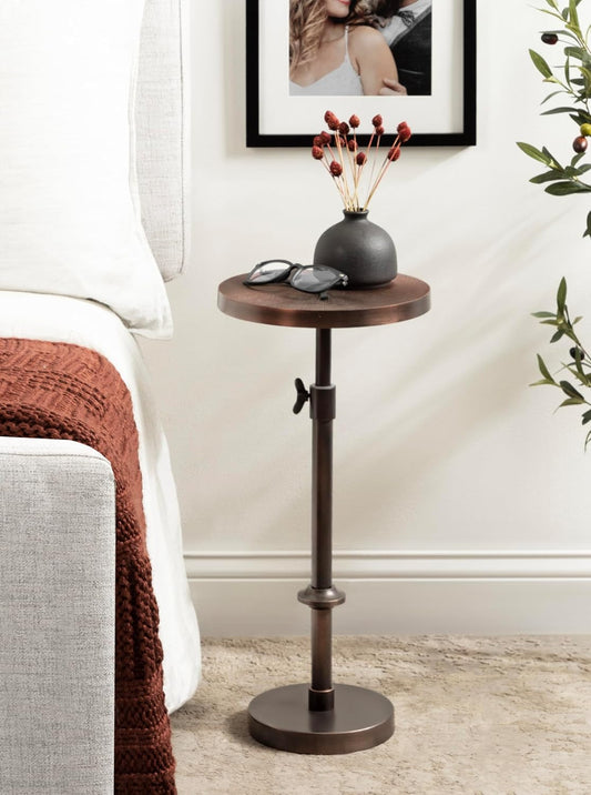 Engles Traditional Adjustable-Height Pedestal Drink Table; 10 X 10 X 30; Bronze; Vintage round Indoor Metal Plant Stand with Embossed Sunburst Pattern