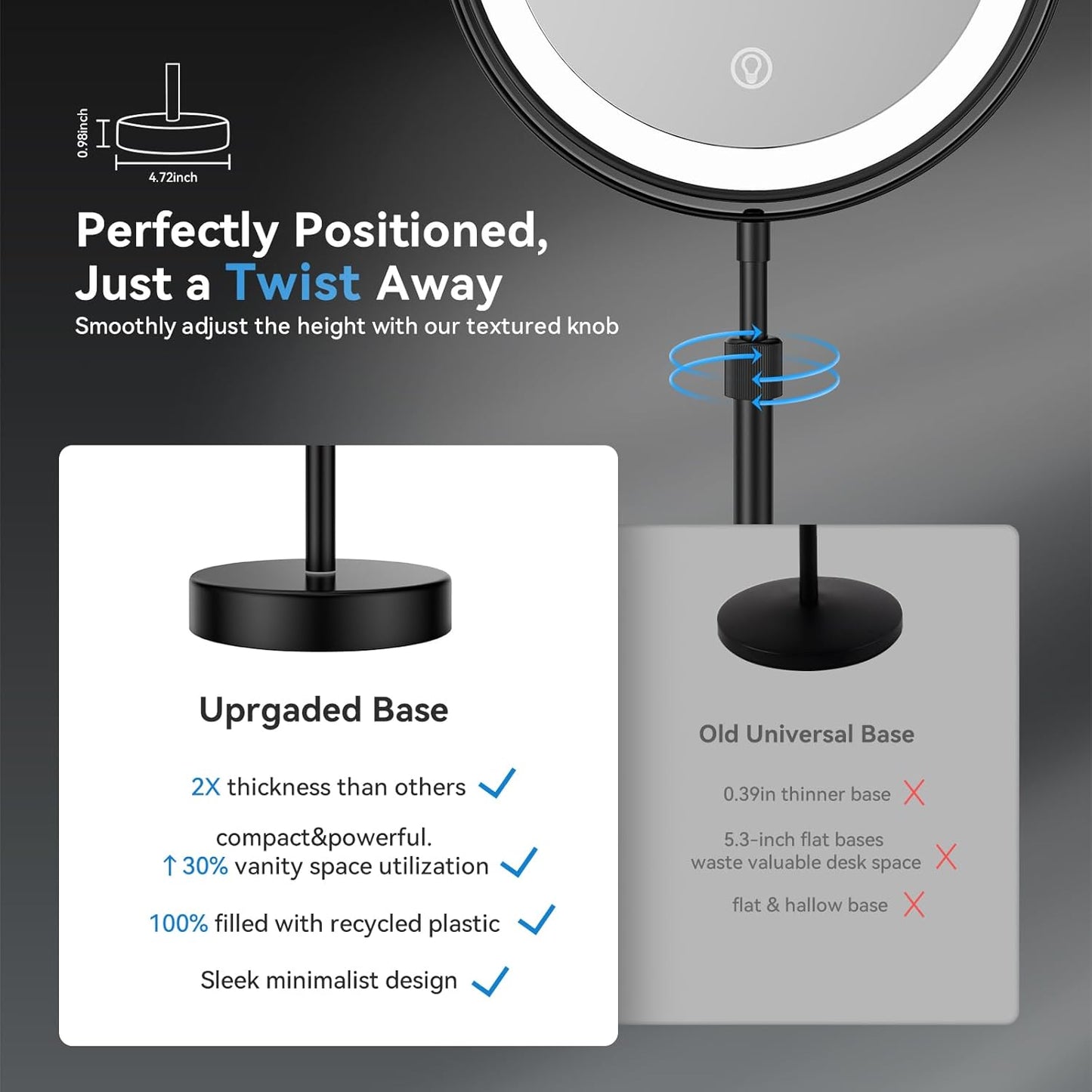 LED Lighted Makeup Mirror Tabletop, 1X/5X Magnifying Mirror with 3 Color Lights, Brightness Adjustable Height Adjustable, Black