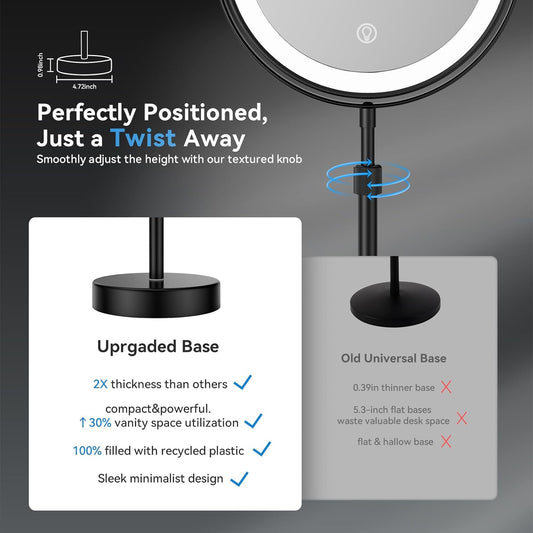 LED Lighted Makeup Mirror Tabletop, 1X/5X Magnifying Mirror with 3 Color Lights, Brightness Adjustable Height Adjustable, Black