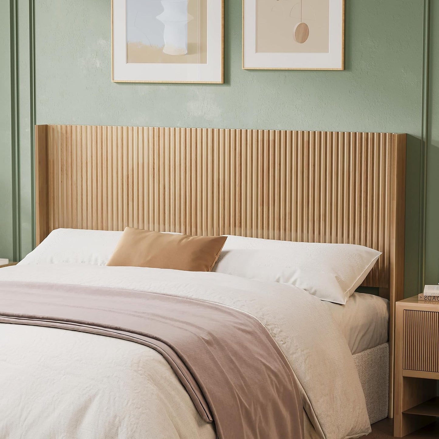 Wood Headboard Queen Size, 64.6" Wide Wooden Queen Headboard Only, Modern Farmhouse Headboards, Wall Mounted Fluted Panel, Wingback Boho Headboards, Natural