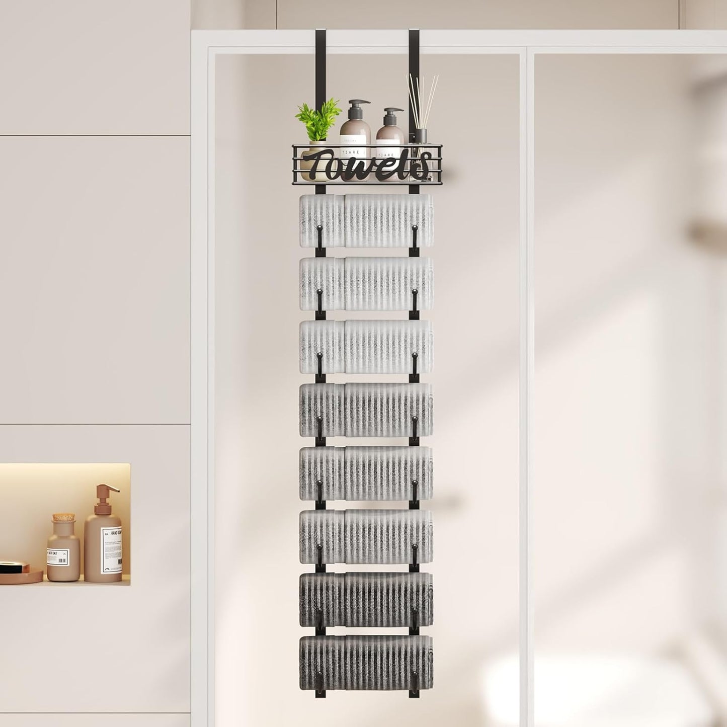 Hanging Towel Racks for Bathroom - 9 Tier over the Door & Wall Mounted Bath Rolled Towel Storage Organizer Holder for Small Bathroom, RV, Camper, Black (Patented)