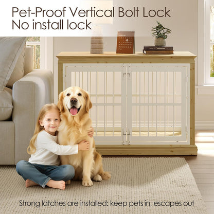 Dog Crate Furniture for Dogs - 42Inch Large Dog Crate Sideboard and TV Stand, Solid Wood Chew-Proof and Silent Latches Design for Large and Medium Dogs, Wood Dog Kennel-(White+Natural)