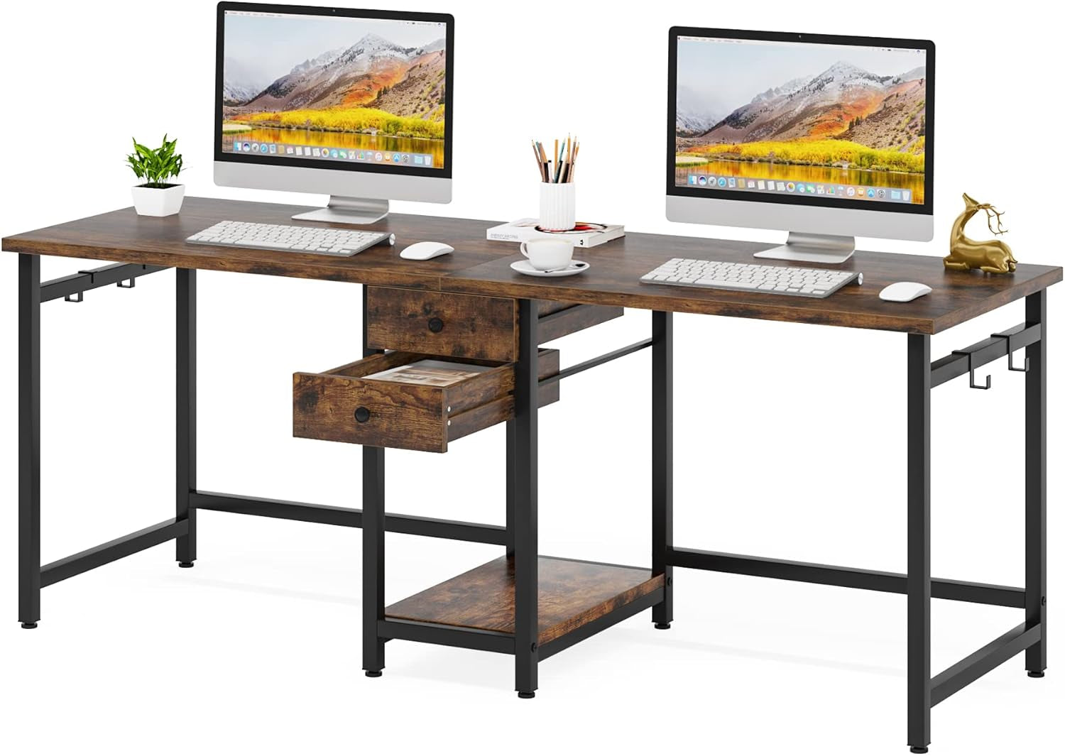 Two Person Desk, 79 Inch Double Desk with 2 Drawers, Large Computer Desk Long Desks with Storage Shelves, Writing Table Study Desk for Home Office, Rustic Brown (NY001)