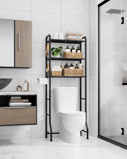 over Toilet Storage Rack - Metal over Toilet Bathroom Organizer Shelf, over the Toilet Storage Cabinet with Paper Holder and Hooks, Bathroom Cabinet for Laundry, Black, 3 Tiers (63.2" H)