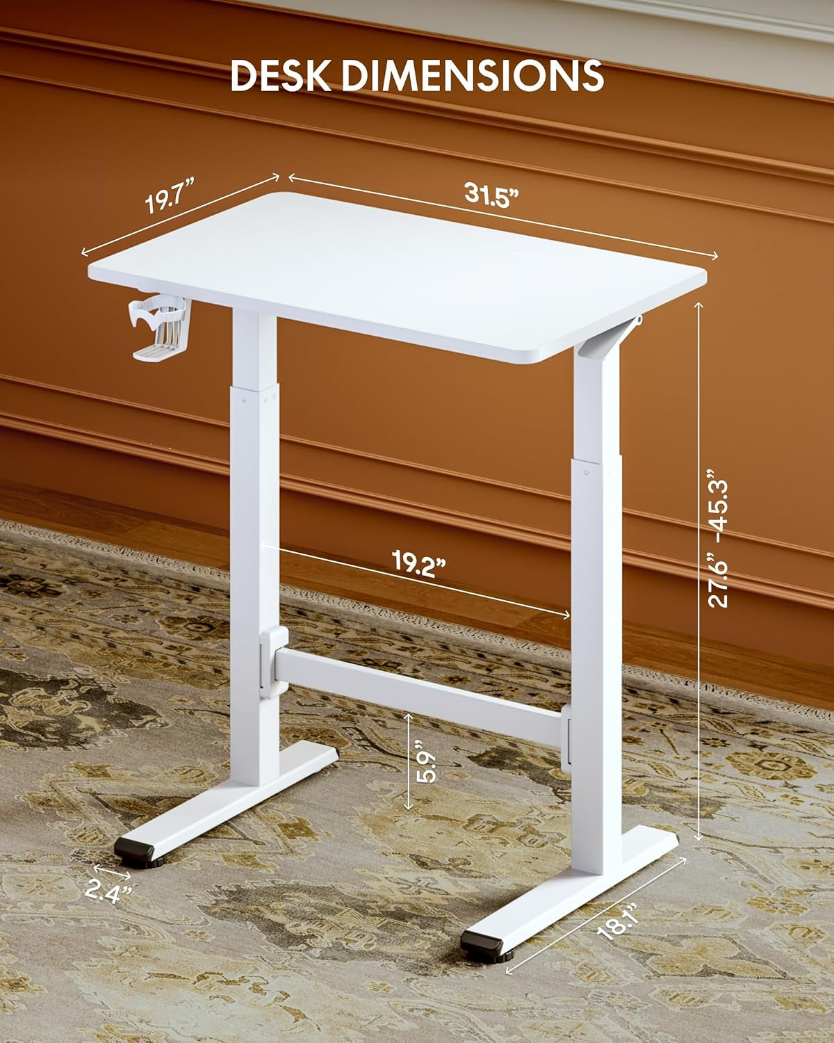 H7 plus Gas Spring Adjustable Standing Desk, Mobile Rolling Sit-Stand Table with Wheels, Cordless Stand up Desk for Small Spaces & Home Office, 32" One-Piece Desktop White,Height 27.6"–45"