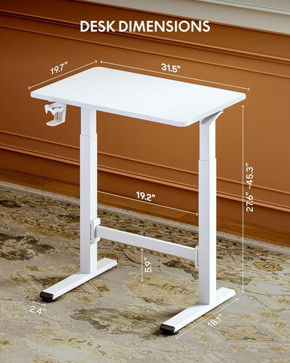 H7 plus Gas Spring Adjustable Standing Desk, Mobile Rolling Sit-Stand Table with Wheels, Cordless Stand up Desk for Small Spaces & Home Office, 32" One-Piece Desktop White,Height 27.6"–45"
