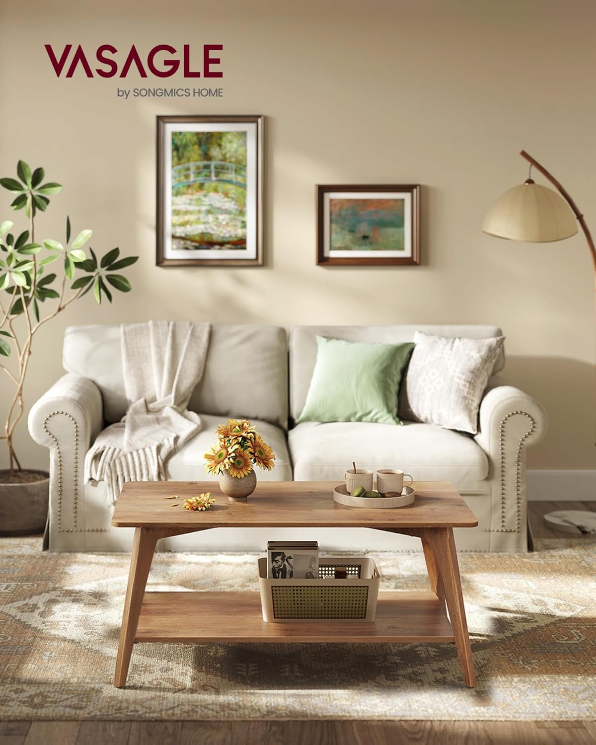 MAEZO Collection - Coffee Table, 2-Tier Center Table with Storage, Tapered Legs, Curved Transitions, 21.7 X 39.4 X 17.7 Inches, Easy to Assemble, for Living Room, Honey Brown ULCT249K01