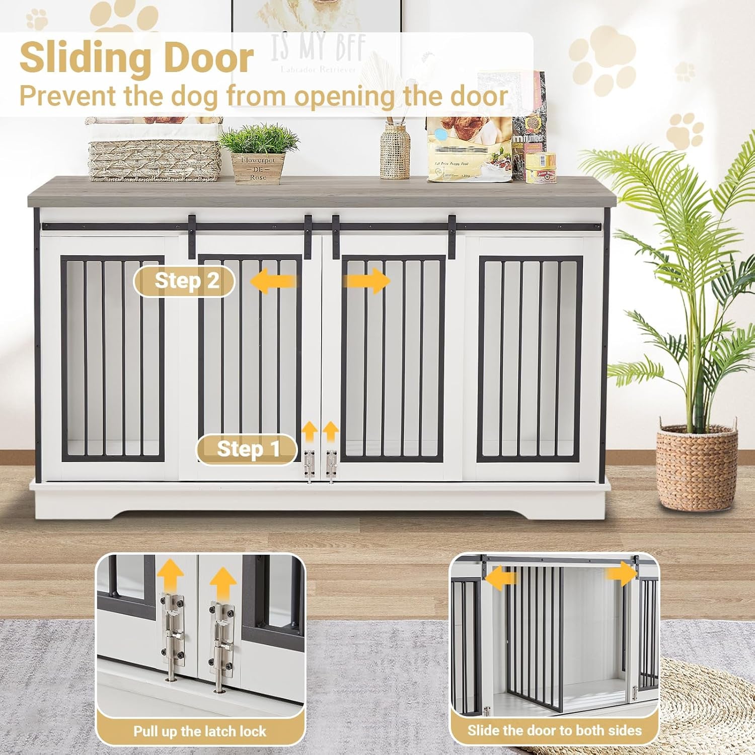 61" Double Dog Crate Furniture for 2 Dogs, Double Dog Kennel Furniture TV Stand with Divider, Furniture Style Wooden Crates for Large Medium Small Dogs Indoor White