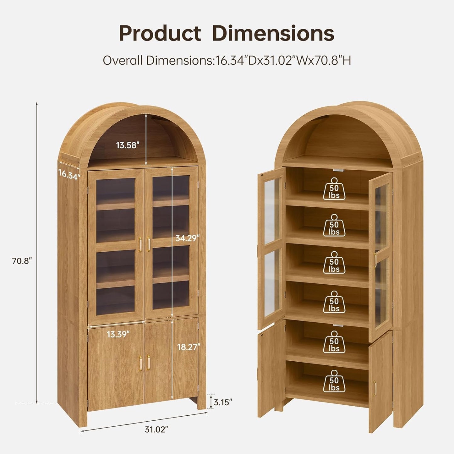71" Tall Arched Kitchen Pantry, Modern Farmhouse Wood Kitchens Storage Cabinets, Versatile Cupboard for Dining Room, Kitchen, Wood