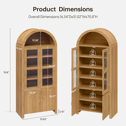 71" Tall Arched Kitchen Pantry, Modern Farmhouse Wood Kitchens Storage Cabinets, Versatile Cupboard for Dining Room, Kitchen, Wood