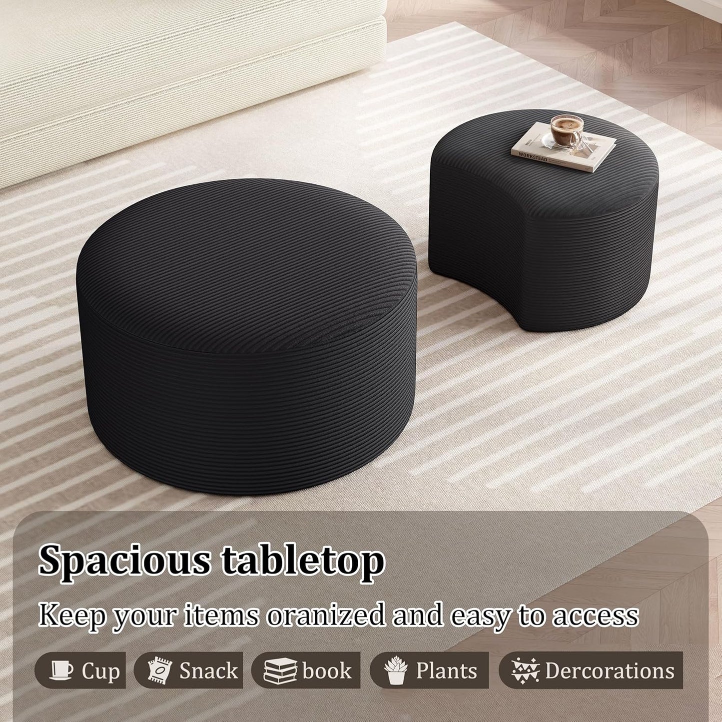 Nesting Coffee Table Set of 2, Upholstered round Corduroy Circle Foam round Side Table for Living Room, Entryway Set, 32"+17" Footrest No Assembly (Black, 32"+17")