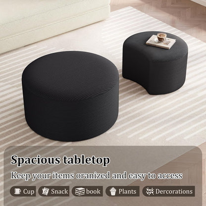 Nesting Coffee Table Set of 2, Upholstered round Corduroy Circle Foam round Side Table for Living Room, Entryway Set, 32"+17" Footrest No Assembly (Black, 32"+17")