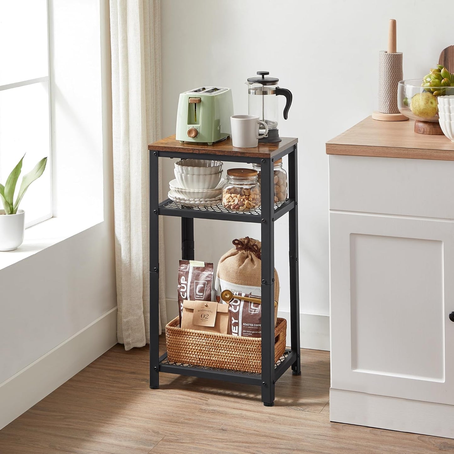 3-Tier Tall Side Table, Small Telephone End Table Stand with 2 Mesh Storage Shelves for Office, Bedroom, Living Room, Kitchen Cart, Rustic Brown and Black