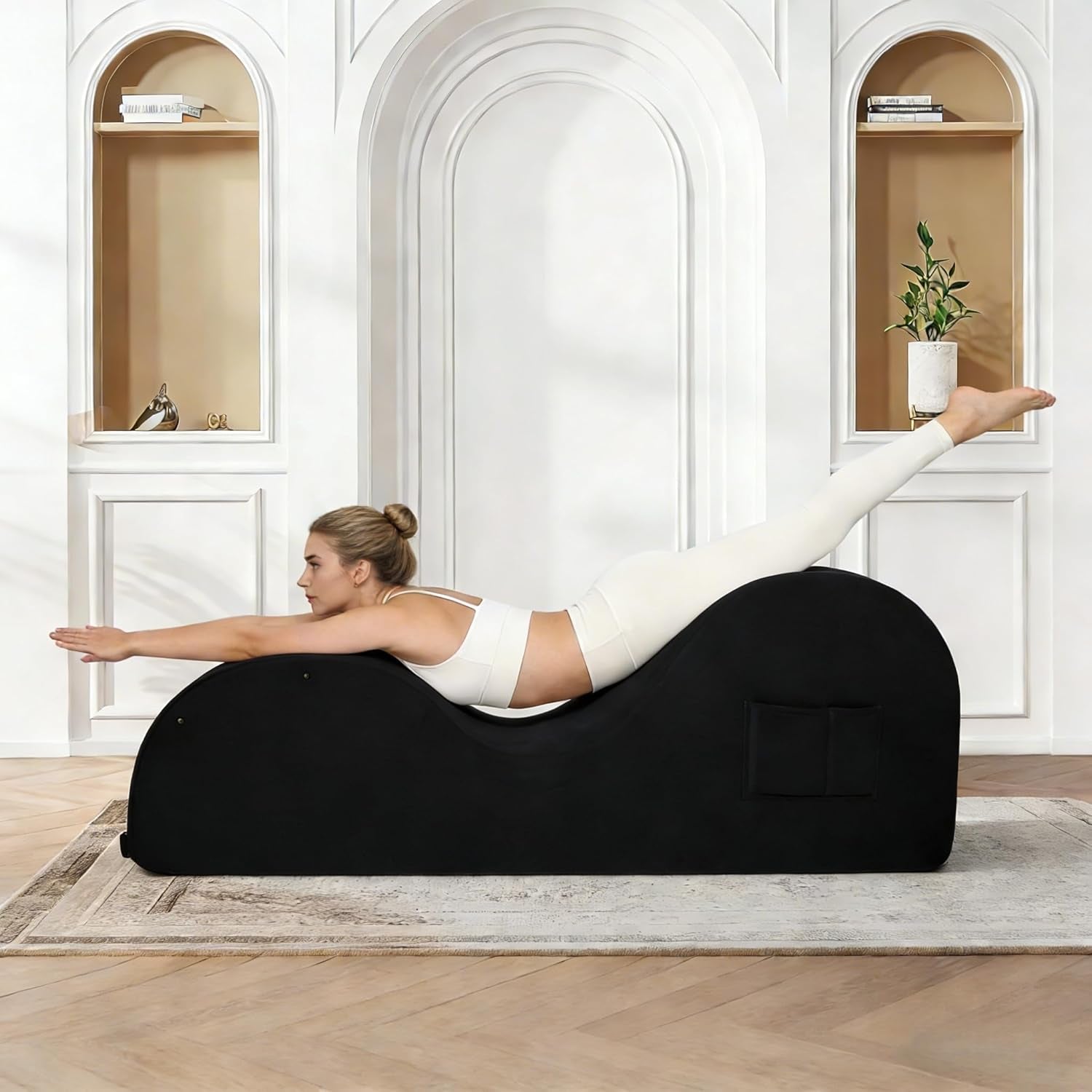 Chaise Lounge Chair for Yoga, Chaise Lounge with Headrest, Waist Pad, Foot Pad, Washable Cover Side Pockets Non-Slip Bottom, Yoga Chair for Relaxation Stretching (Black, Large)
