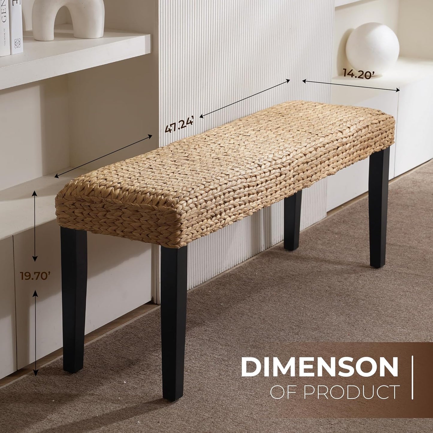 Solid Wood Acacia Bench with Natural Woven Seat, Boho Bench Entryway, Wood Bench for Living Room, Porch Lawn Garden Yard or Entryway (Fishbone Style - Black Leg, Water Hyacinth)