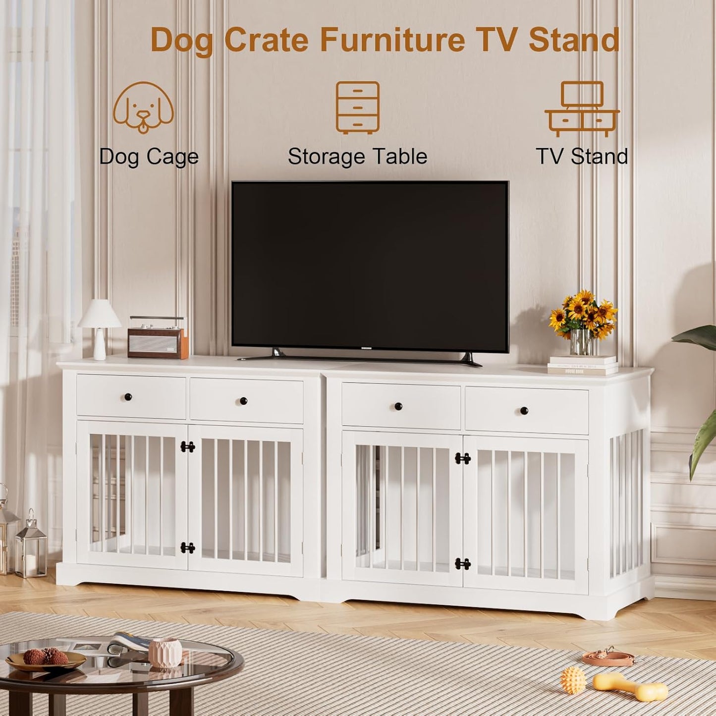 44Inch Dog Crate Furniture with Drawers,Wooden Dog Kennel Furniture for Large Breed,White End Table Wood Dog House for Indoor Use,For Small/Medium/Large Dog