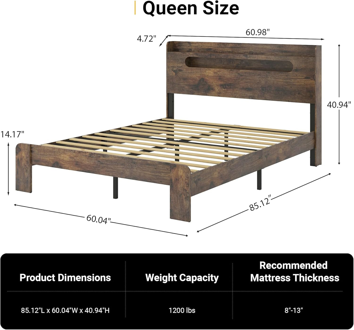 Wooden Queen Size Bed Frame with Storage Headboard, Rustic Farmhouse Platform Bed Frame Queen with Charging Station & LED Lights, 12 Wood Slats Support, No Box Spring Needed,Dark Brown