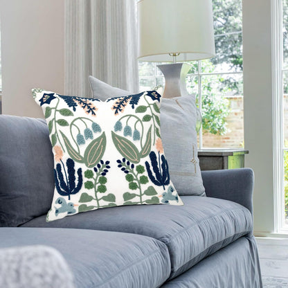 Summer Floral Embroidered Decorative Throw Pillow Covers 18"X 18" Set of 2, Farmhouse Navy Blue Flowers Green Leaves Tufted Patterned Cotton Cushion Cases for Couch Bed Living Room Decor