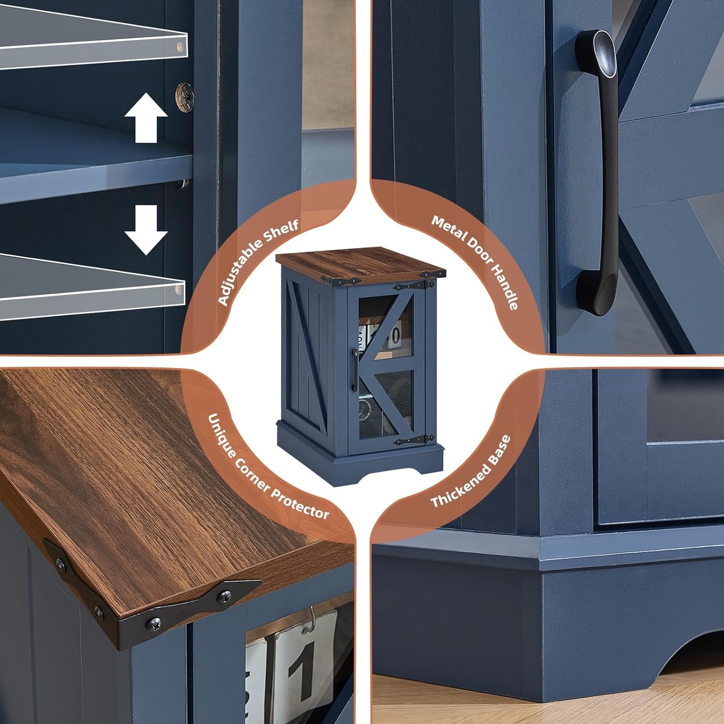 Narrow Night Stand for Small Spaces, Farmhouse Side End Table with Glass Barn Door Storage, Navy Blue Bedside Tables, Nightstand Cabinet Organizer for Living Room Bedroom