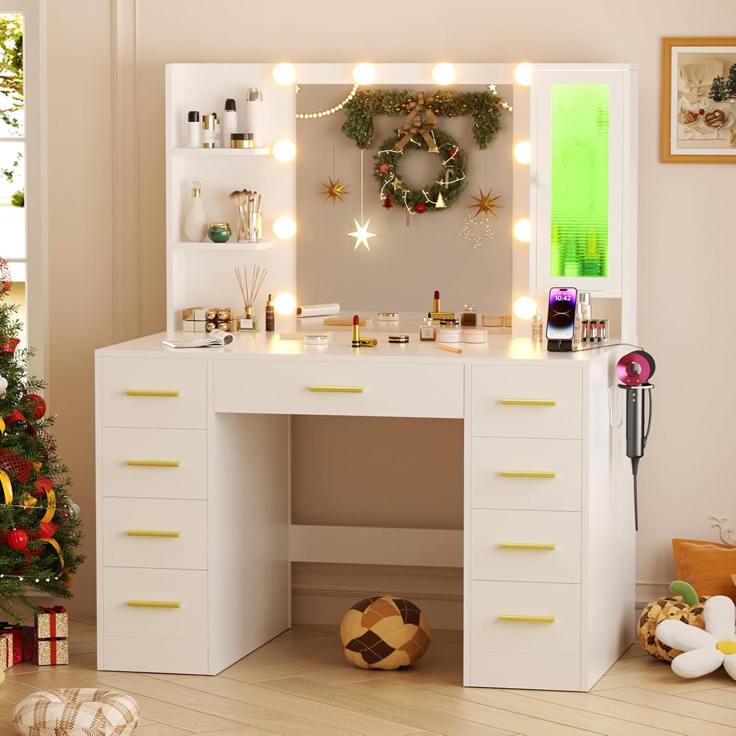 Vanity Desk with Mirror and Lights, 43" Large Makeup Dressing Table with 9 Drawers & 3 Shelves, RGB LED Lighting & Power Outlet, White and Gold