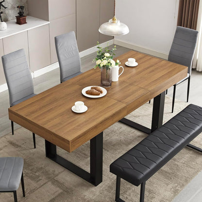 63”-79” Extendable Dining Room Table, Modern Farmhouse Wooden Kitchen Table, Long Expandable Dining Table for 6 8 10, Large Expanding Tables Conference Tables (Walnut Brown)