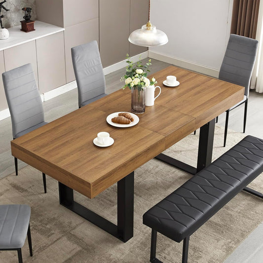63”-79” Extendable Dining Room Table, Modern Farmhouse Wooden Kitchen Table, Long Expandable Dining Table for 6 8 10, Large Expanding Tables Conference Tables (Walnut Brown)