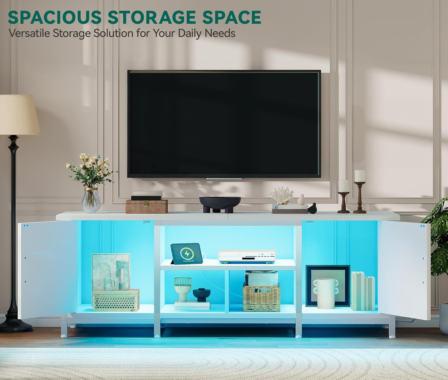 TV Stand with LED Lights & Charging Station, Farmhouse Entertainment Center with Storage Cabinets & Shelves, Cross-Pattern Doors, Fits Tvs up to 70'', TV Consoles for Living Room, White