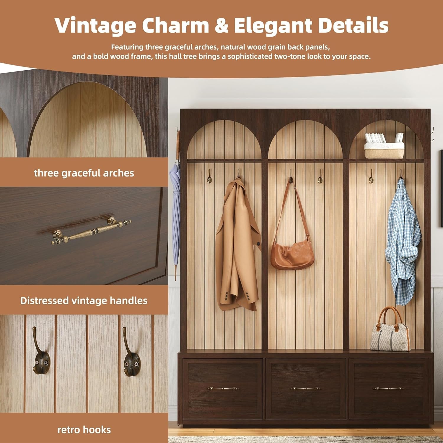 Hall Tree with Bench & 3 Large Storage Drawers, Arched Design Farmhouse Wooden Style 59" Wide Entryway Coat Rack with 8 Hooks for Mudroom, Living Room (Dark Walnut, 74.8" H)