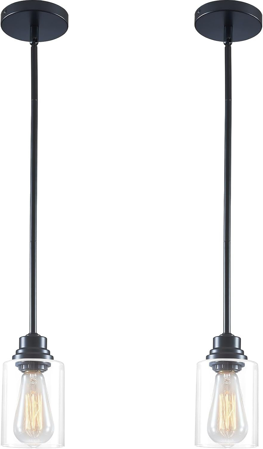 Modern Glass Pendant Lights Kitchen Island 2 Pack, Adjustable Height Black Pendant Lights - Hanging Lights for Bedroom, Dining Room, Living Room, Kitchen & Hallway