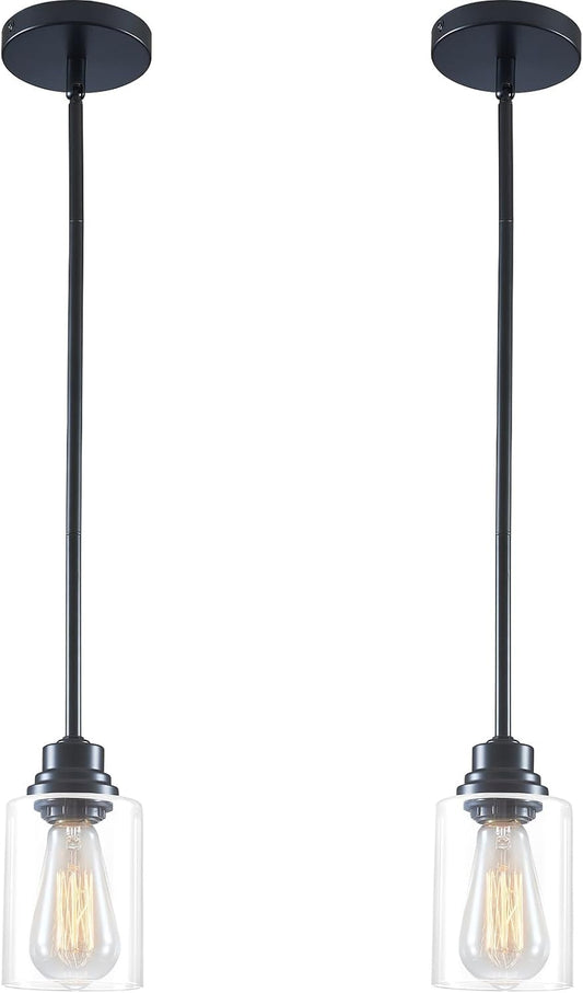 Modern Glass Pendant Lights Kitchen Island 2 Pack, Adjustable Height Black Pendant Lights - Hanging Lights for Bedroom, Dining Room, Living Room, Kitchen & Hallway