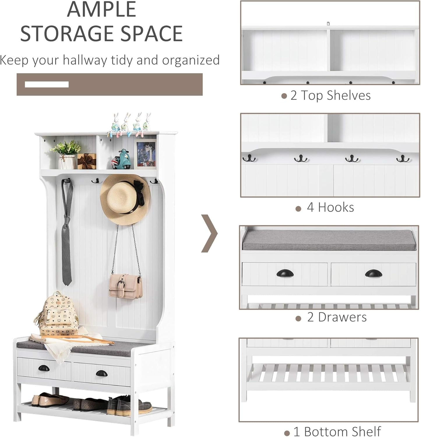 3-In-1 Hall Tree, Entryway Bench with Coat Rack, Mudroom Bench with Shoe Rack, 2 Storage Drawers, 4 Hooks and Padded Seat Cushions for Hallway, White