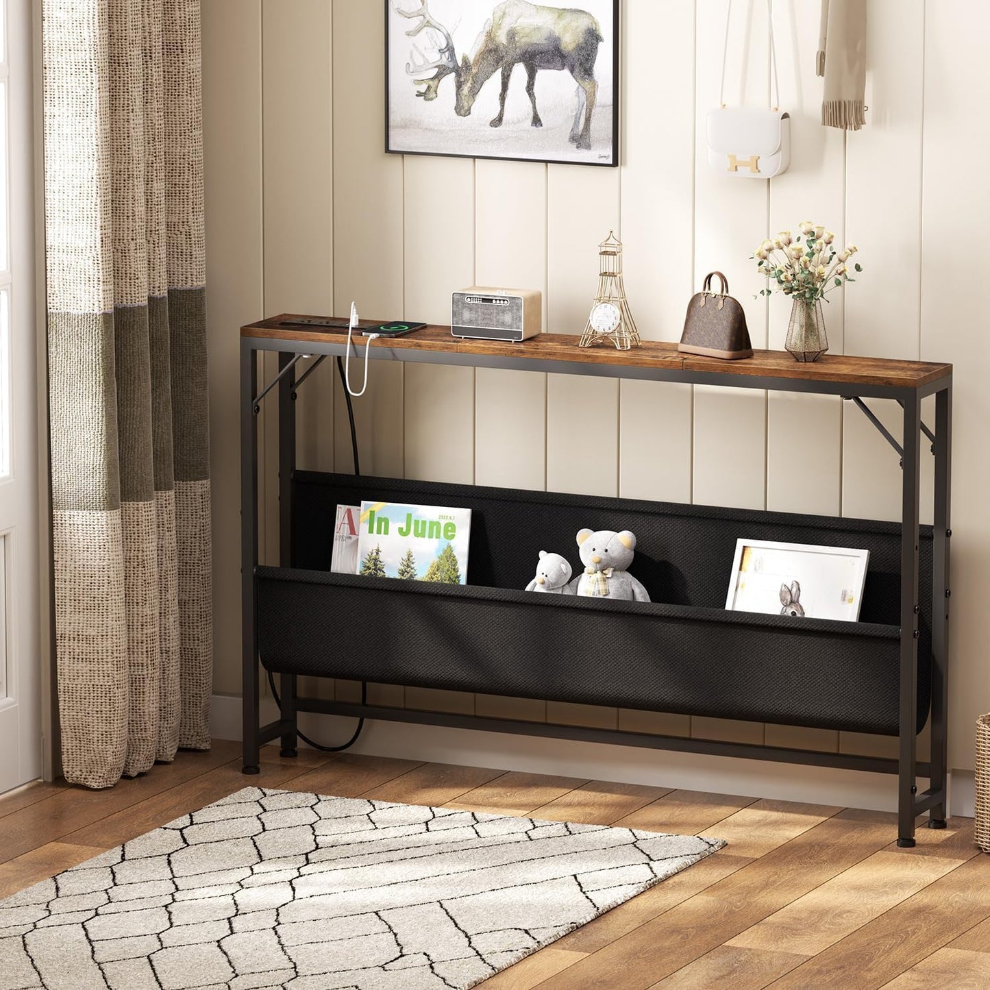 47.2'' Skinny Console Table with Charging Station and Storage, Narrow Sofa Table with Power Outlets and USB Ports, behind Couch Table, for Living Room, Foyer, Entryway, Hallway, Rustic Brown