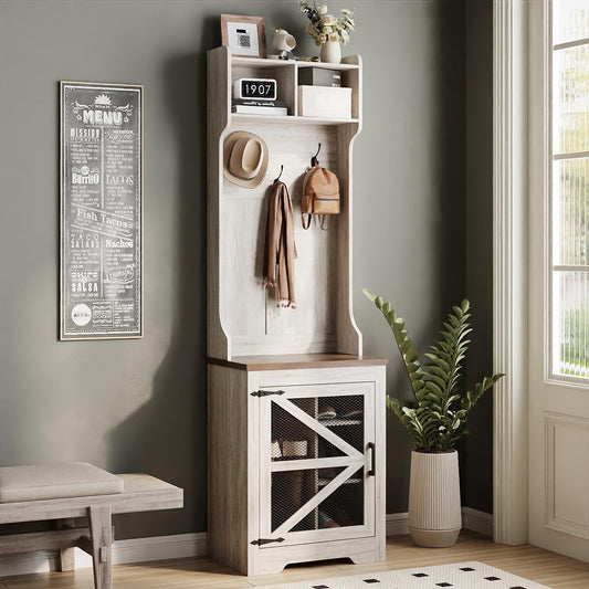 Farmhouse Hall Tree with Shoe Storage, 23" Entryway Narrow Coat Rack with 4 Cubbies, 3 Hooks & Mesh Barn Door, Coat Tree and Shoe Rack Entryway for Hallway, Living Room, Mudroom, Rustic White