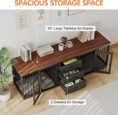 Dog Crate Furniture, Indoor Wooden Farmhouse Dog Kennel Furniture with 3 Drawers & 2 Lockable Doors, 95"X23.6"X32"H, Black
