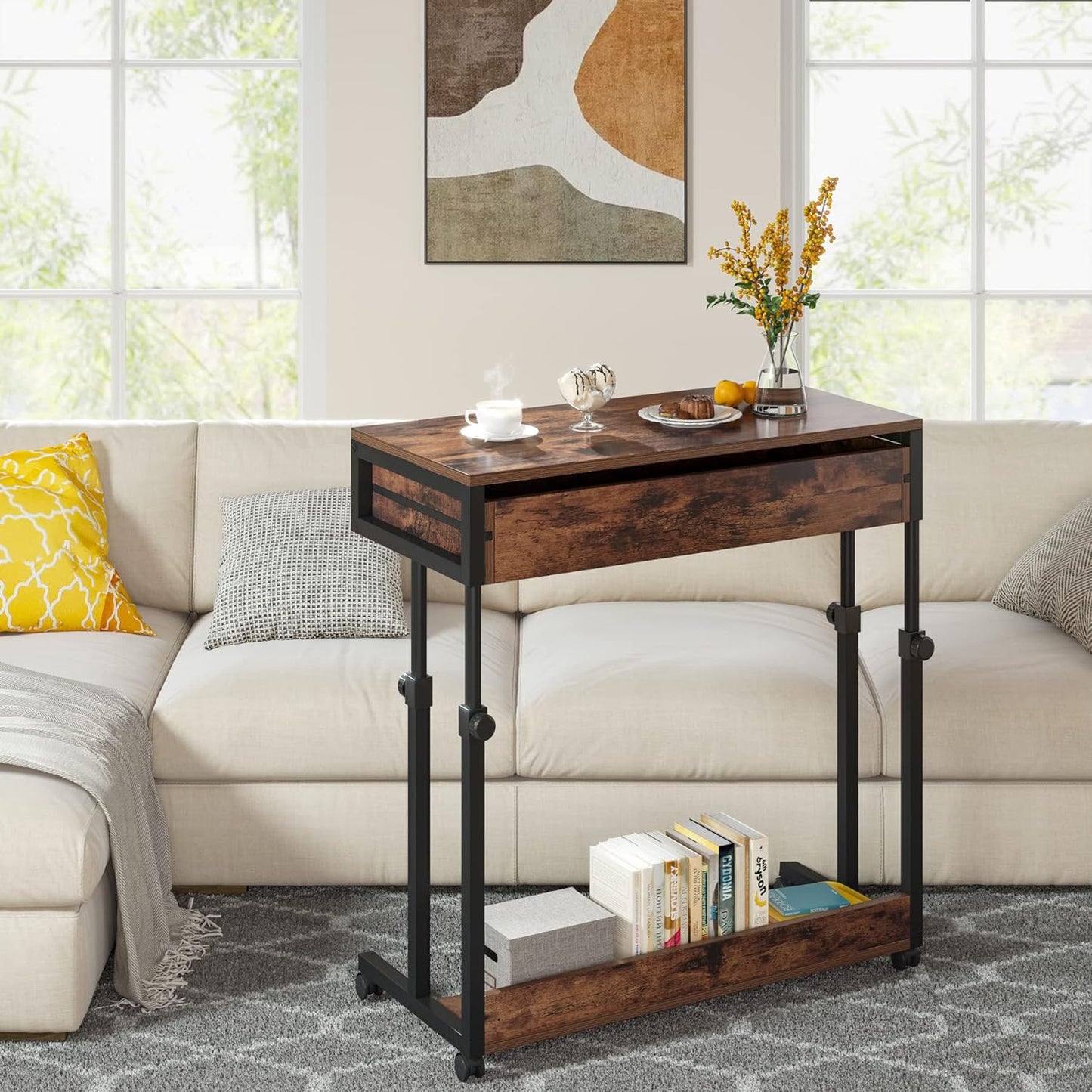 Portable Desk with Drawers, Mobile Laptop Desk with Wheels, Sofa Side Table Small Portable Standing Rolling Table for Home Office