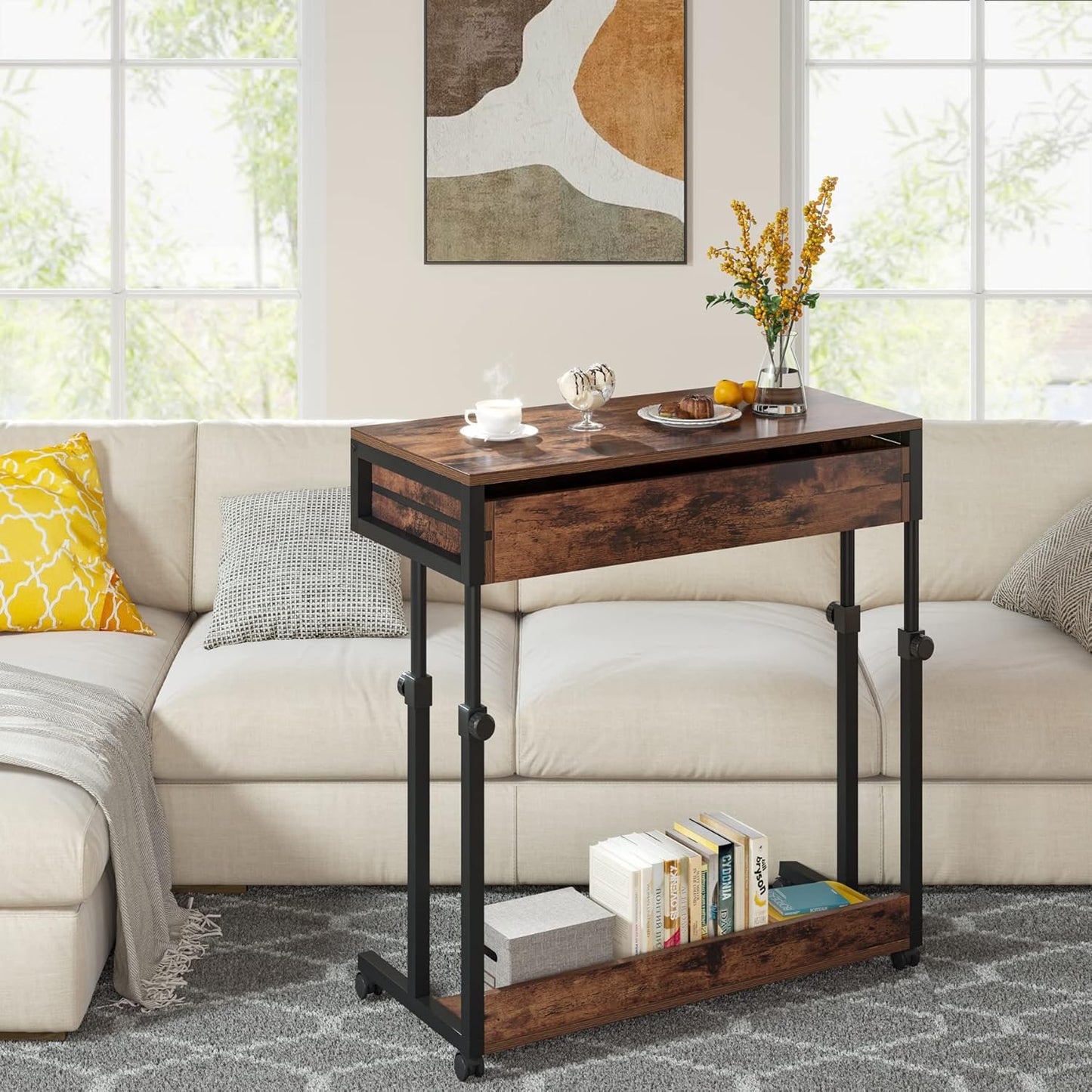 Portable Desk with Drawers, Mobile Laptop Desk with Wheels, Sofa Side Table Small Portable Standing Rolling Table for Home Office
