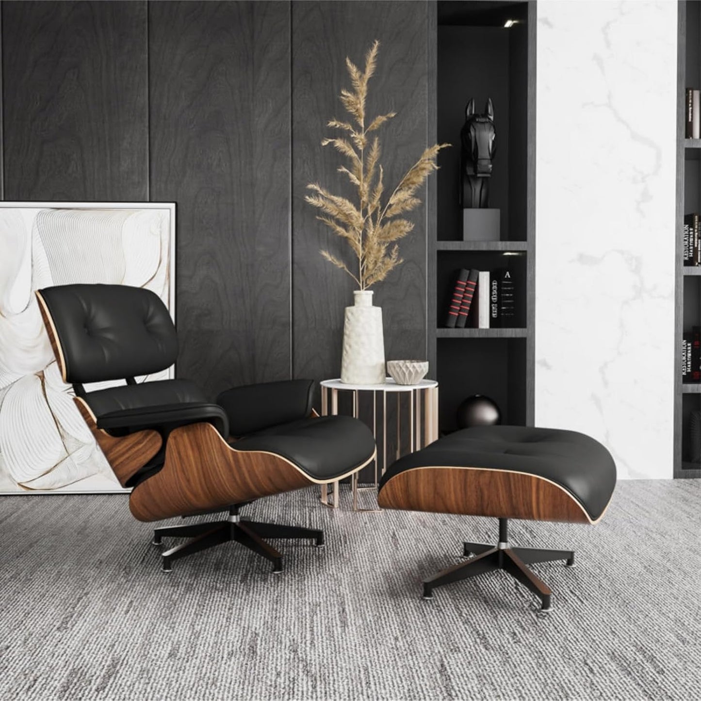 Mid Century Chaise Lounge Chair with Ottoman, Top Black Grain Leather, Modern Office Chair Classic Design, Heavy Duty Base Support for Living Room Lounge Office