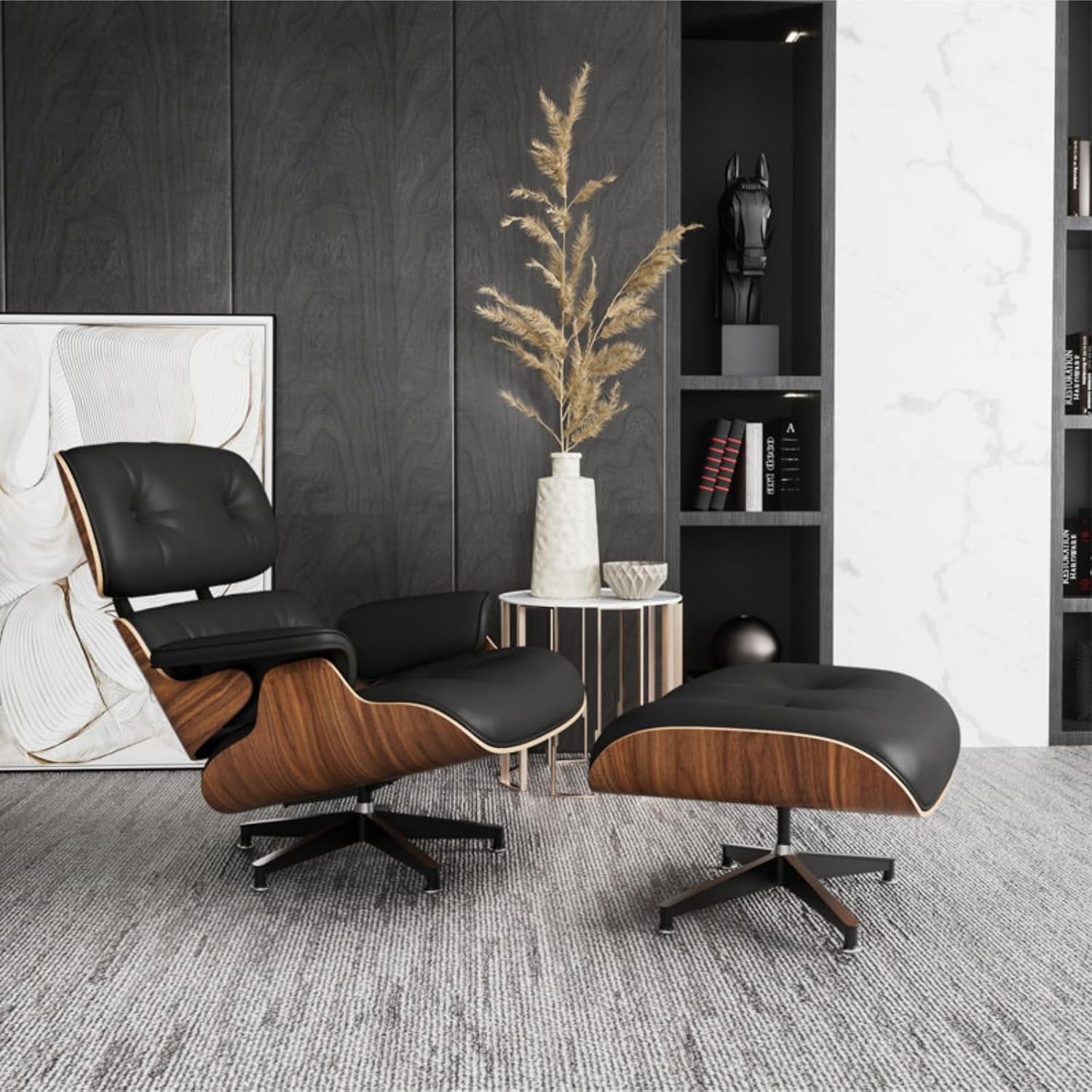 Mid Century Chaise Lounge Chair with Ottoman, Top Black Grain Leather, Modern Office Chair Classic Design, Heavy Duty Base Support for Living Room Lounge Office