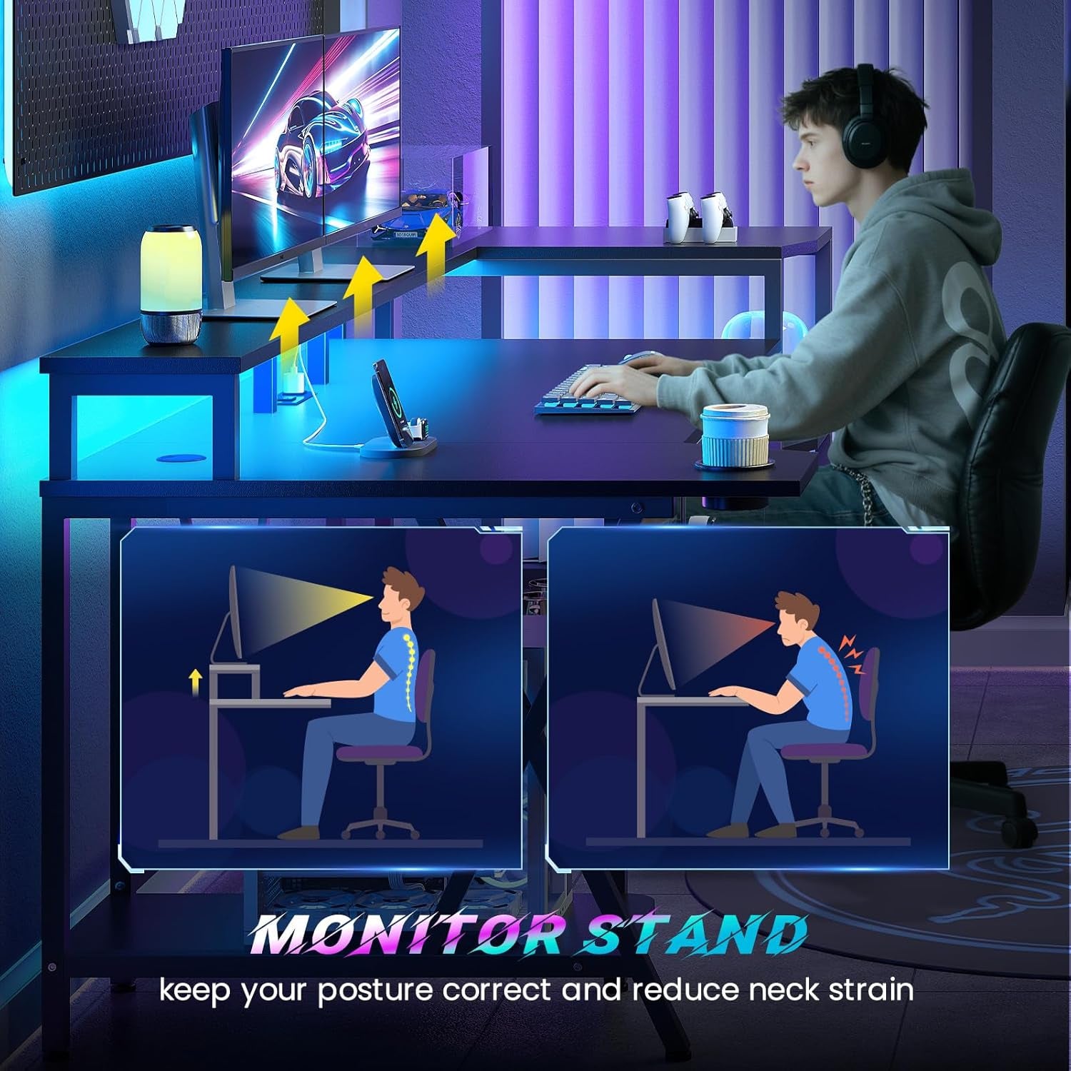 Gaming Desk 70.8'' with LED Lights and Storage Shelves, Computer Desk with Monitor Stand, Power Outlets and Cup Holder, Large PC Gamer Desk, Gaming Table for Bedroom, Living Room, Black