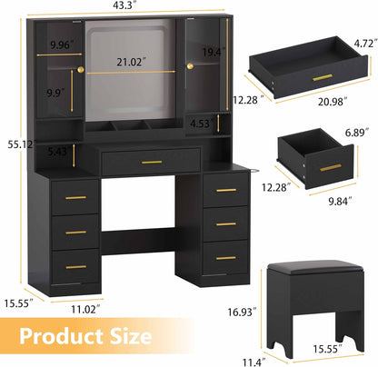 Black Makeup Vanity Desk with Mirror & Lights, Modern Vanity Table with Charging Station, 7 Drawers, Glass Cabinet, Shelves & Cushioned Stool, Bedroom Dressing Table Set for Women & Girls