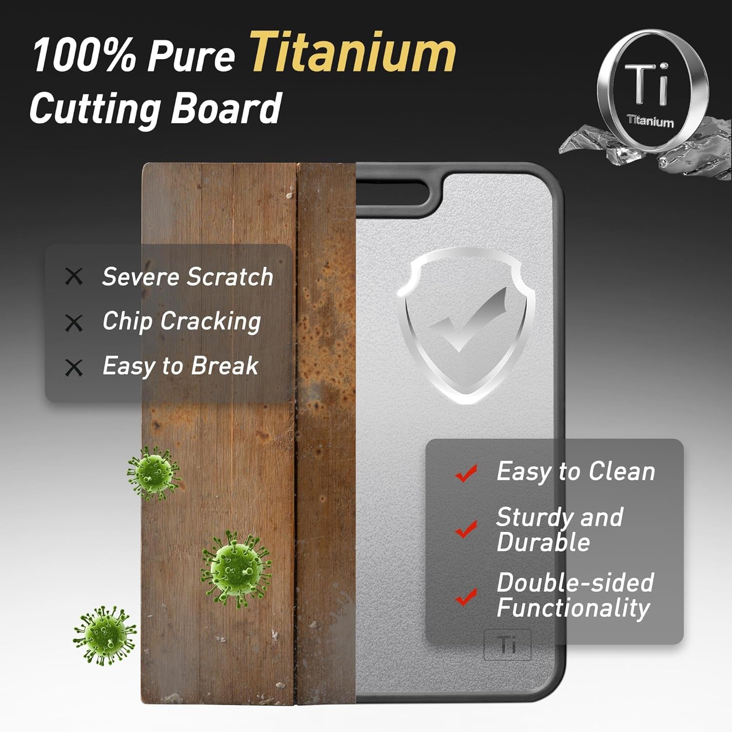2 in 1 Pure Titanium Cutting Boards for Kitchen Non Toxic Chopping Board with Handle Large Big Small Kitchen Meat Butcher Block Not Stainless Steel Wood Bamboo Plastic Silicone Acrylic Teak Sink