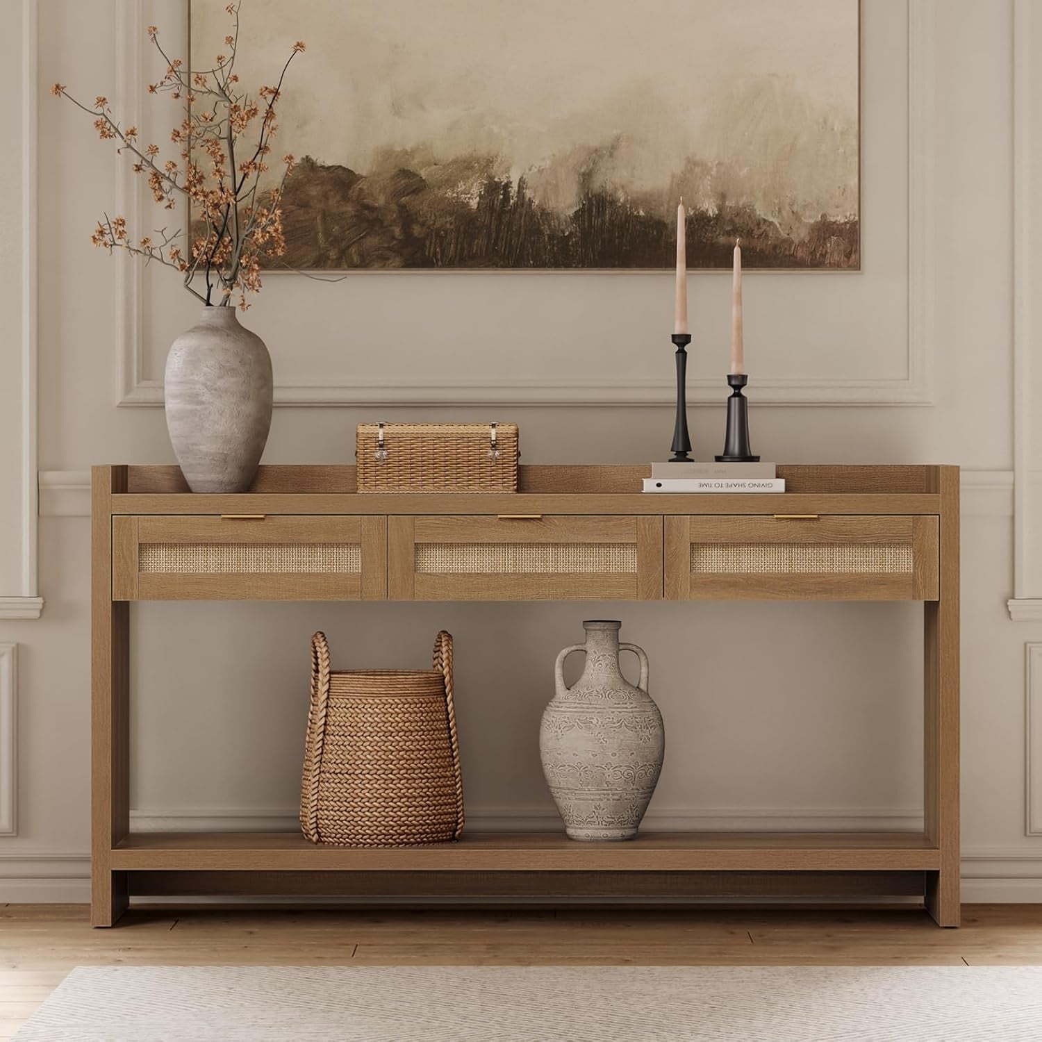 60" Rattan Console Table for Entryway - Farmhouse Entry Table Sofa Table with 3 Drawers, Narrow TV Console Table with Storage for Living Room, Hallway, Couch, Foyer