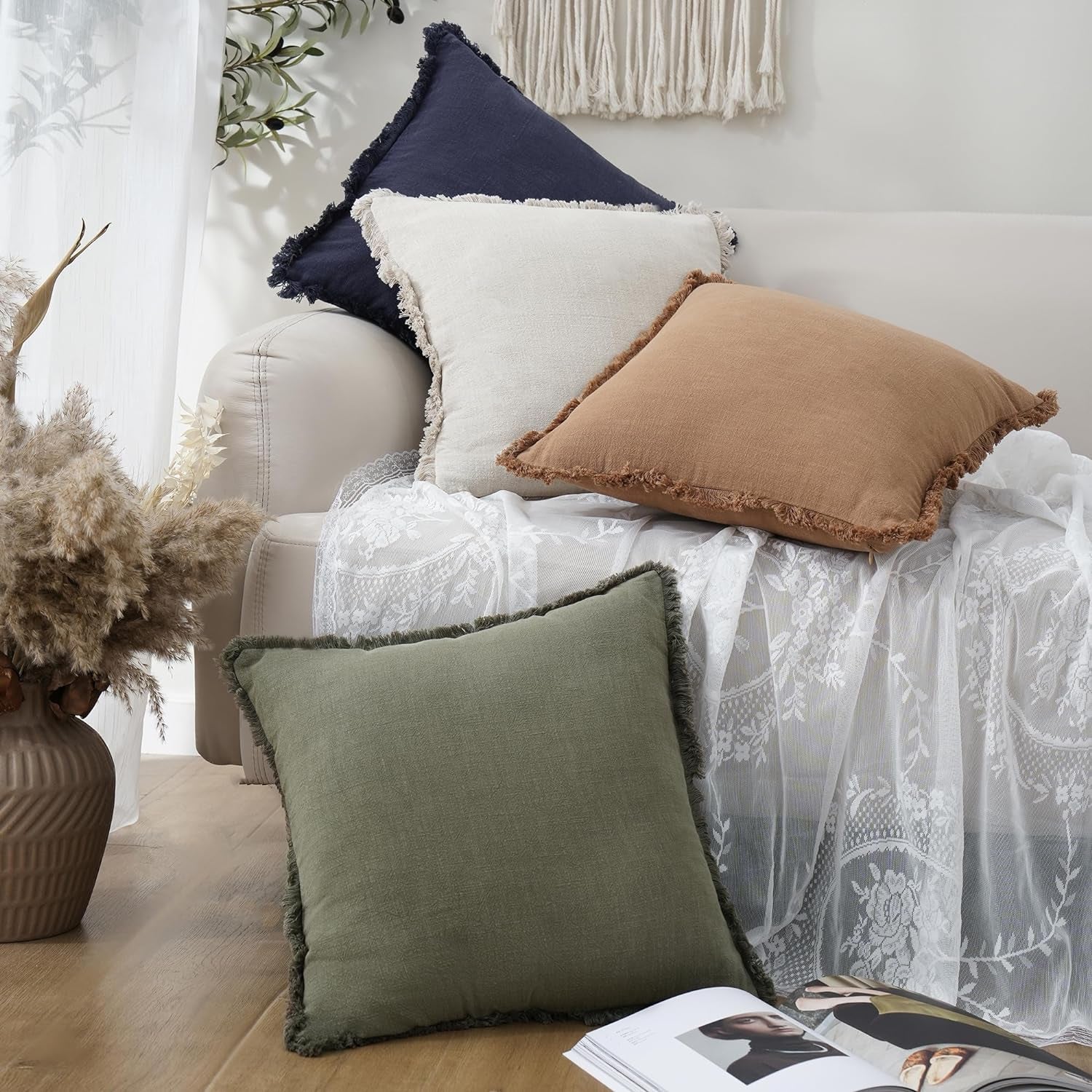 Set of 2 Decorative Linen Fringe Throw Pillow Covers Cozy Boho Farmhouse Cushion Cover with Tassels Soft Accent Pillowcase for Couch Sofa Bed Living Room Home Decor,18×18 Inch,Olive Green