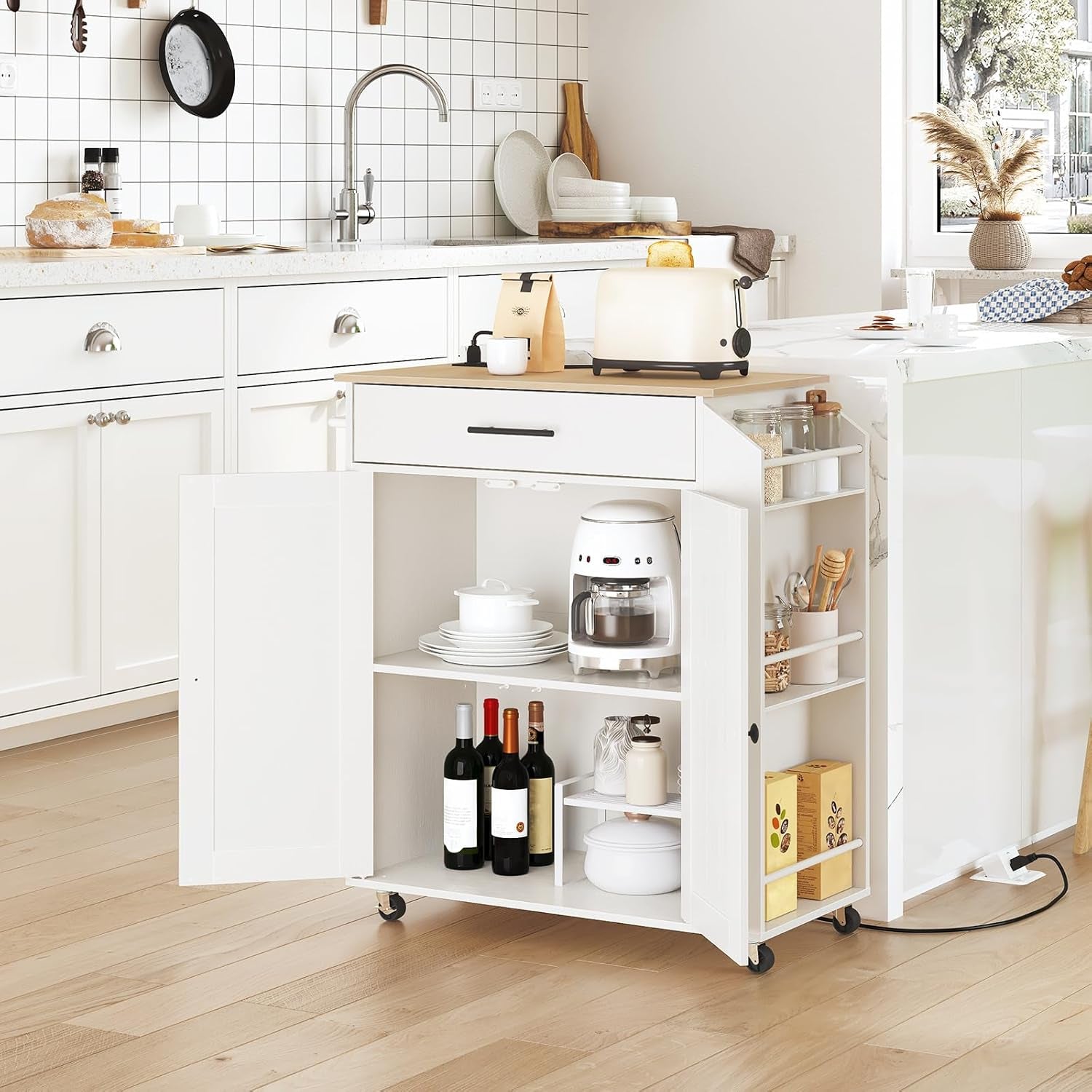 Kitchen Island with Power Outlet, Kitchen Storage Island with Spice Rack and Drawer, Rolling Kitchen on Wheels, for Home, Dining Room, Natural and White