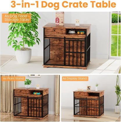 35.4" Dog Crate Furniture, Dog Kennel Indoor with Wheels for Medium Small Dogs, Wooden Dog Crate End Table with Drawer, Open Shelves and Sliding Door, Dog Kennel Furniture for Living Room, Bedroom